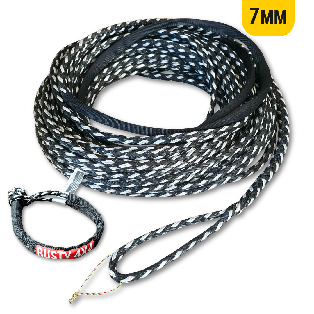 Braided 7mm winch line rope with steel hook and dark protective sleeve