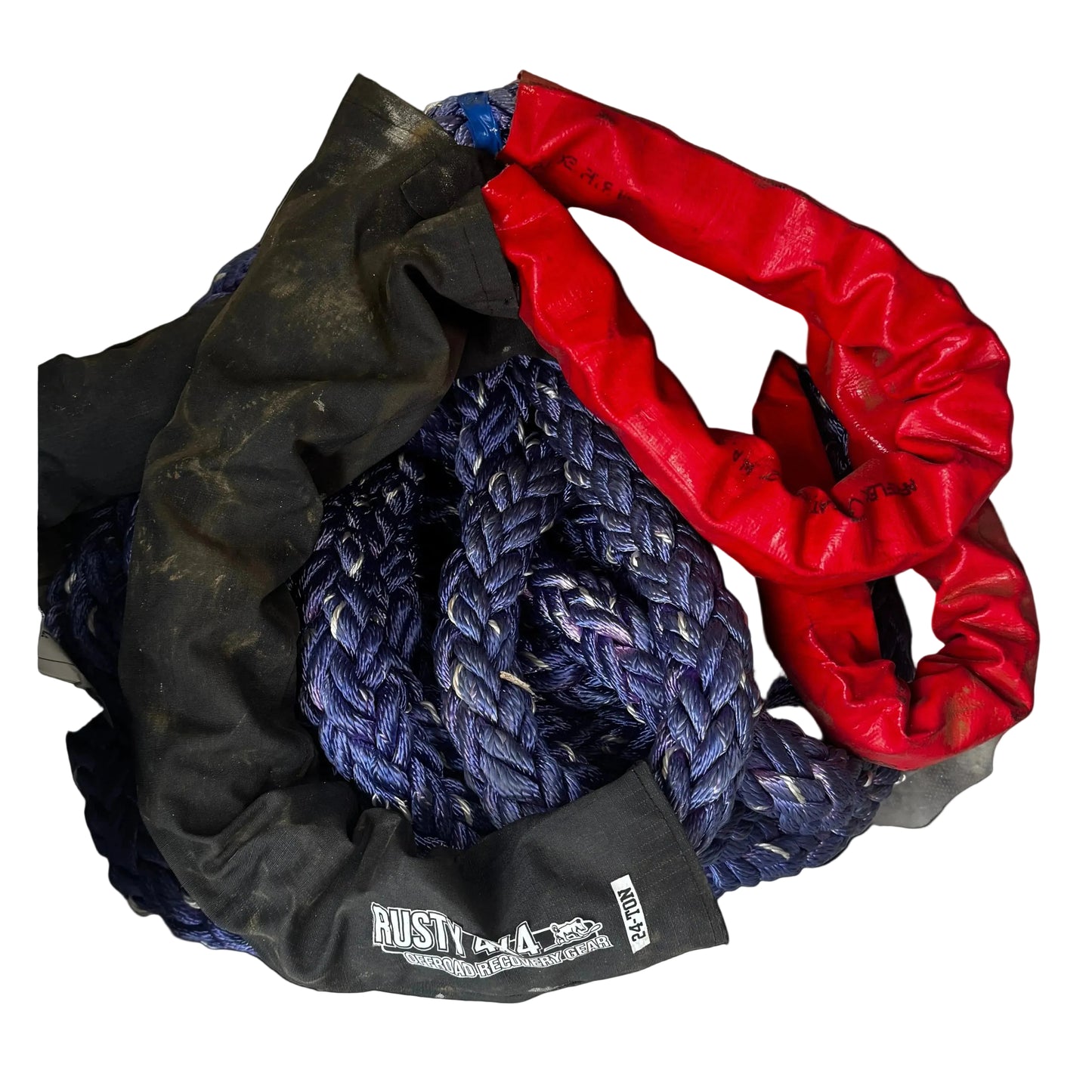 Braided rope set with red and dark blue rope sections, black end wrap.