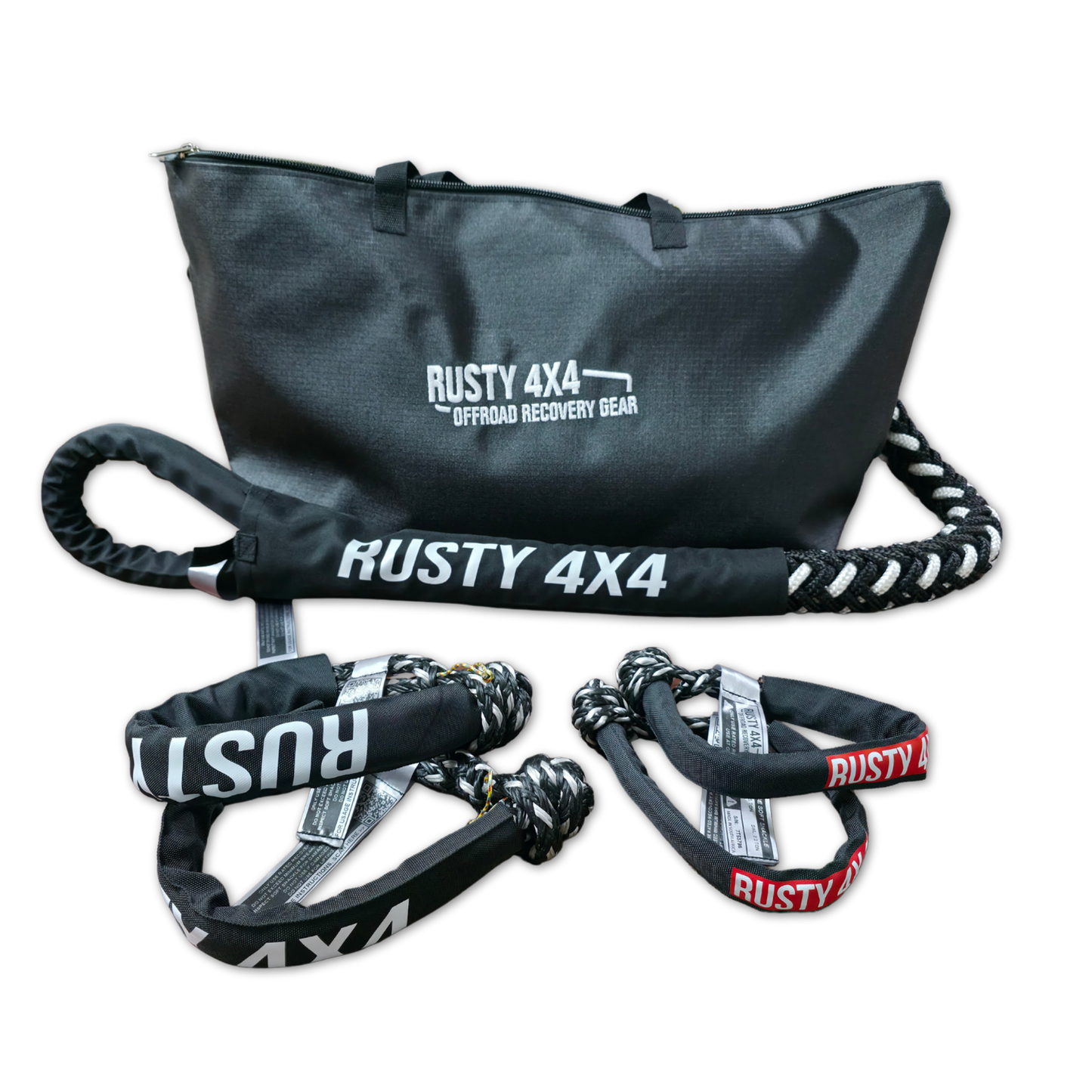 Medium kinetic recovery kit bag with rope straps and Rusty 4x4 recovery hardware