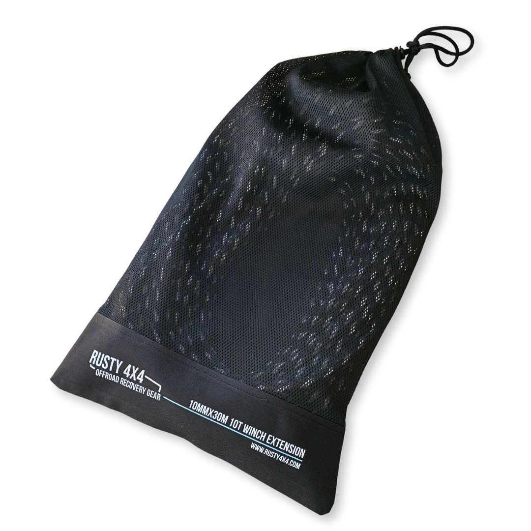 Winch line extension storage bag, dark mesh with RUSTY 4X4 logo