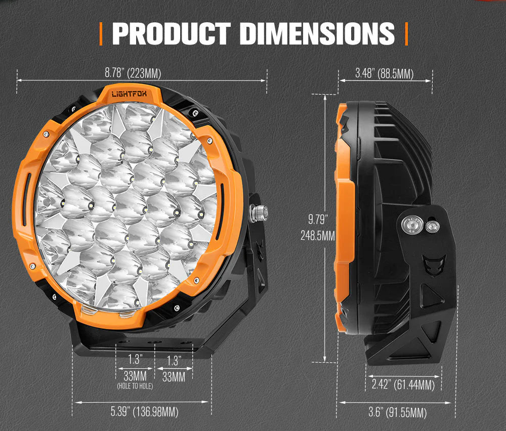 Lightfox 9 inch LED Driving Light Spot Beam Pair (16,342 Lumens, 1 Lux @ 6,890ft/2,100m IP68)