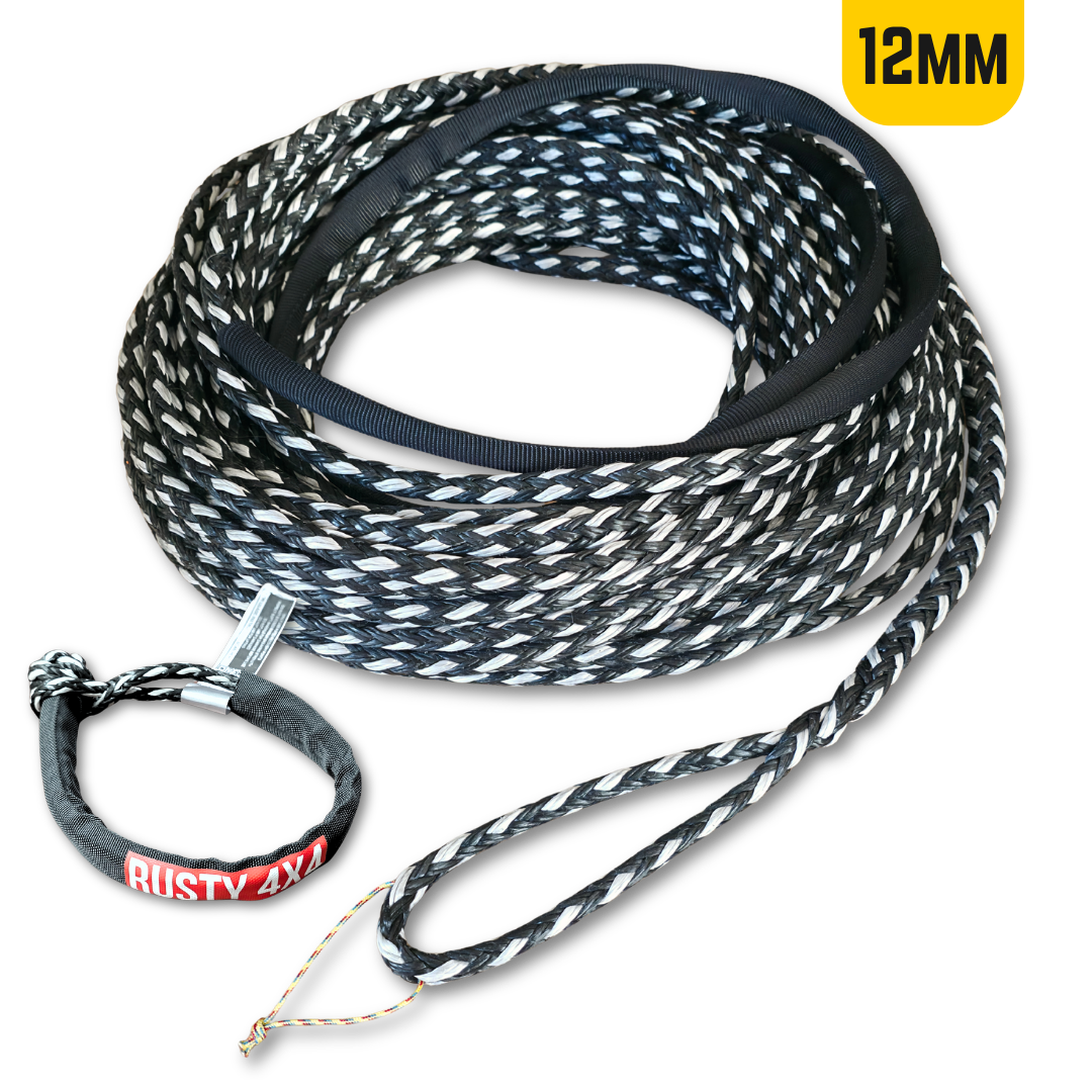 12mm synthetic winch_line_rolled_up_with_soft_shackle made from 12mm uhmwpe rope, 31000lbs 14100kg breaking strength