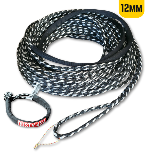 12mm synthetic winch_line_rolled_up_with_soft_shackle made from 12mm uhmwpe rope, 31000lbs 14100kg breaking strength