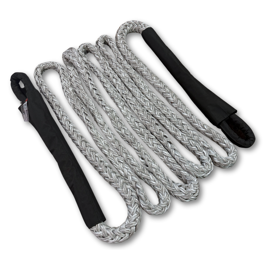Static recovery rope strop with braided light-gray rope and black end loops