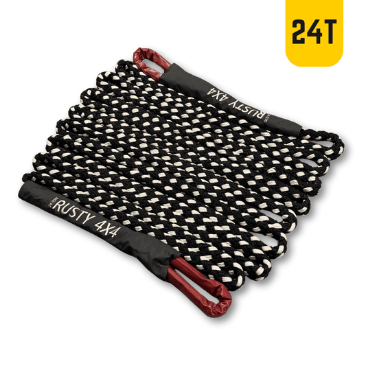 Kinetic recovery rope bundle with black-and-white braided strands and red end straps