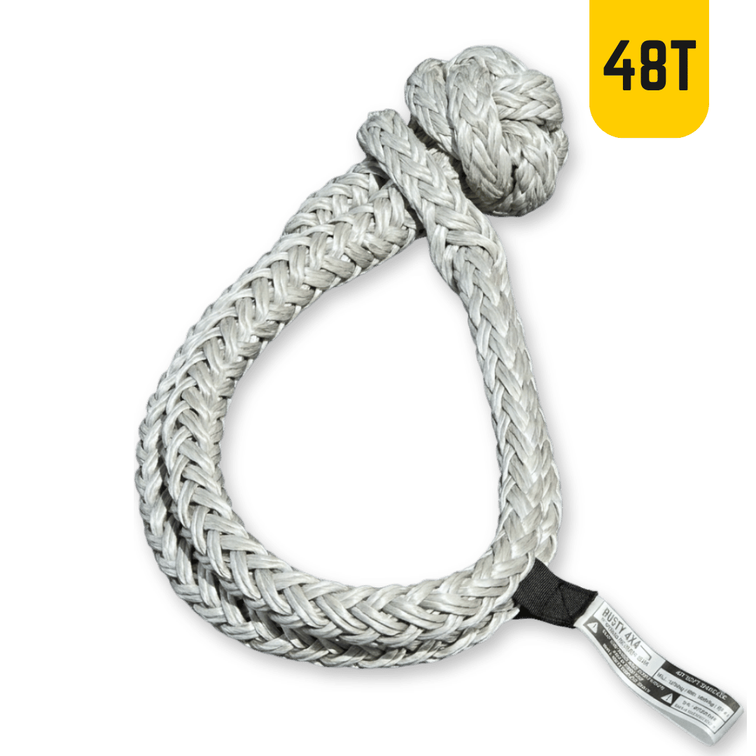 48-ton soft shackle, braided white synthetic rope with black thimble and metal tag
