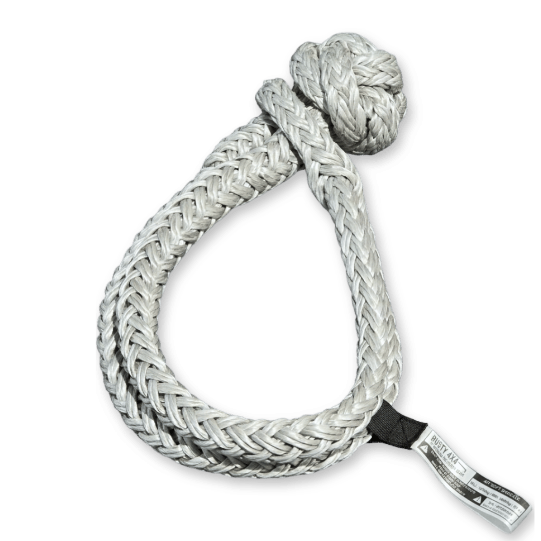 Soft shackle replacement, braided white rope loop with black ends and attached metal tag