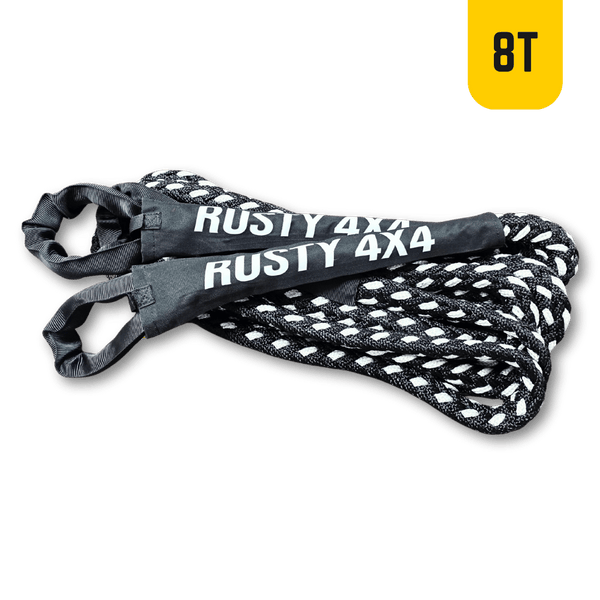 8T kinetic recovery rope: black/white braided rope in fabric bag, 9 m length.