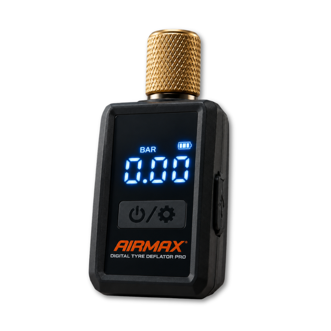 Airmax digital tyre deflator with blue LCD display and gold metal nozzle cap