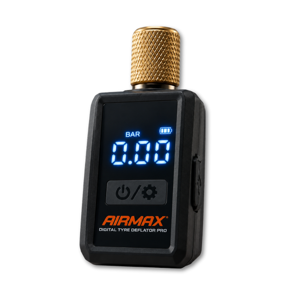 Airmax Digital Auto Tyre Deflator Pro Auto Stop on transparent background. Digital display with air gauge to measure pressure up to 6.8 bar and presets for deflation between 0.7 bar and 2.05 bar.