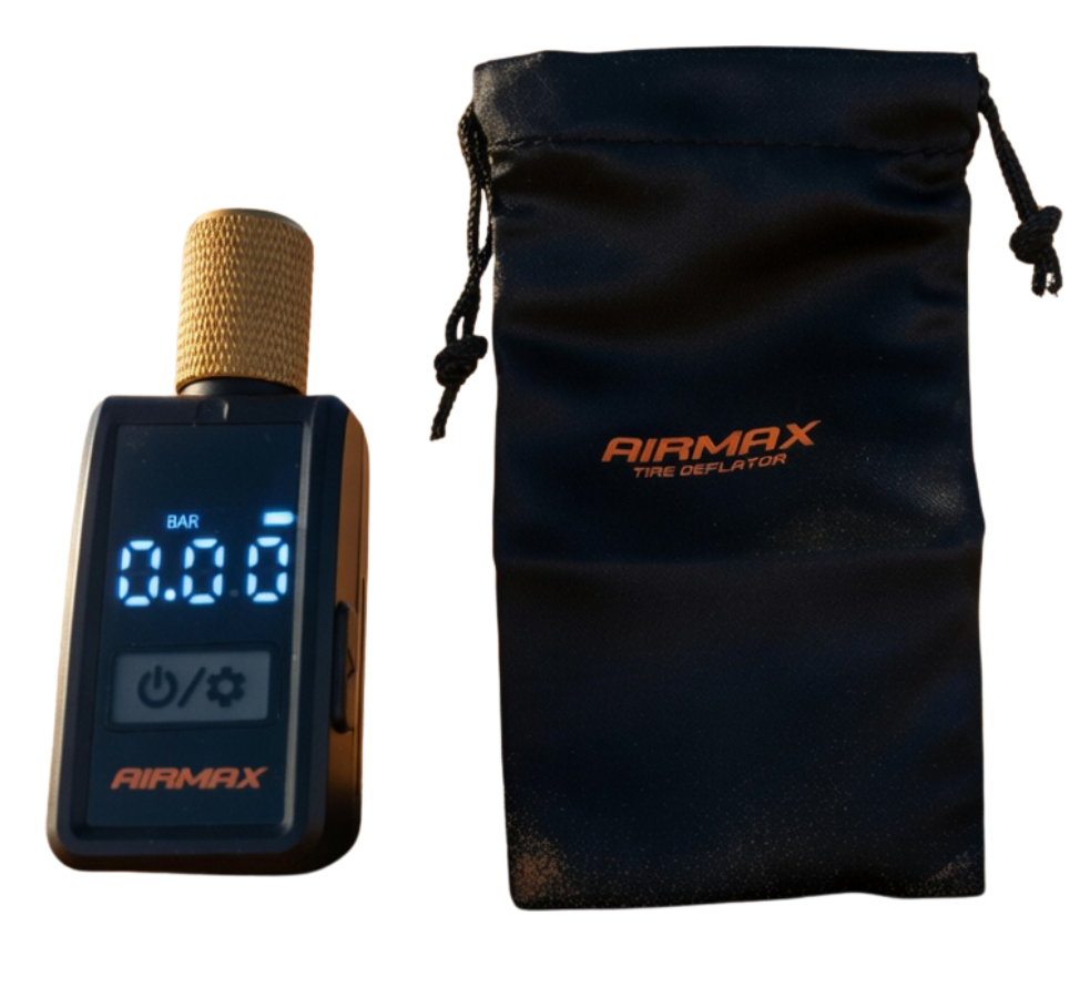 Digital tyre deflator with blue display and gold mesh top, plus carry pouch. Airmax Digital Auto Tyre Deflator Pro Auto Stop on transparent background. Digital display with air gauge to measure pressure up to 6.8 bar and presets for deflation between 0.7 bar and 2.05 bar.