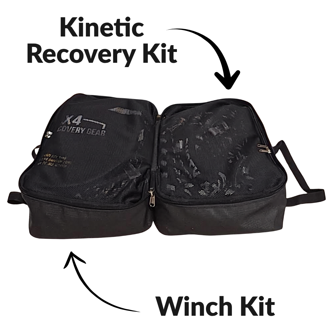 All in one complete offroad recovery kit in black canvas bag folded open, with kinetic gear on the one side and winch gear on the other side