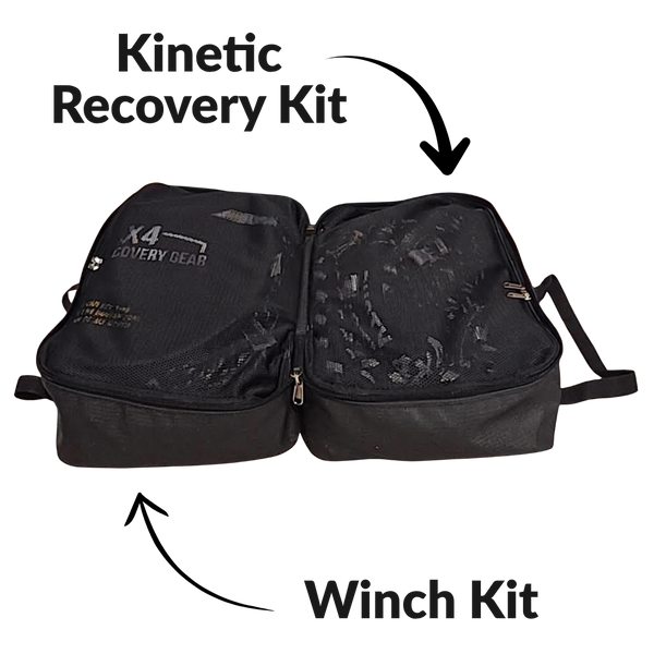 All in one complete offroad recovery kit in black canvas bag folded open, with kinetic gear on the one side and winch gear on the other side