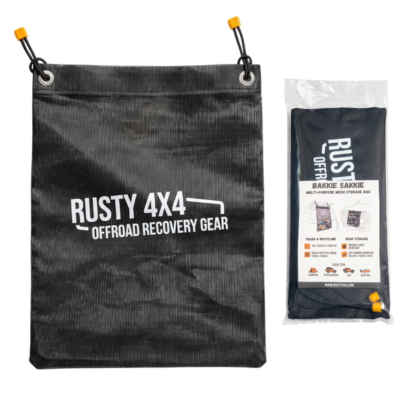 Black mesh storage bag with grommet top and hanging loops; Rusty4x4 branding.
