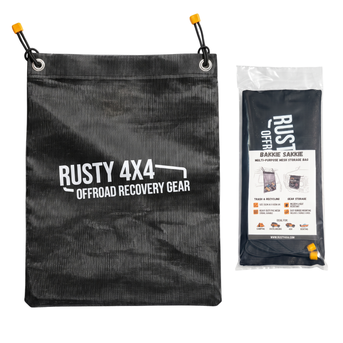 Black mesh storage bag with grommet top and hanging loops; Rusty4x4 branding.