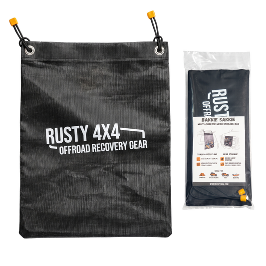 Black mesh storage bag with grommet top and hanging loops; Rusty4x4 branding.
