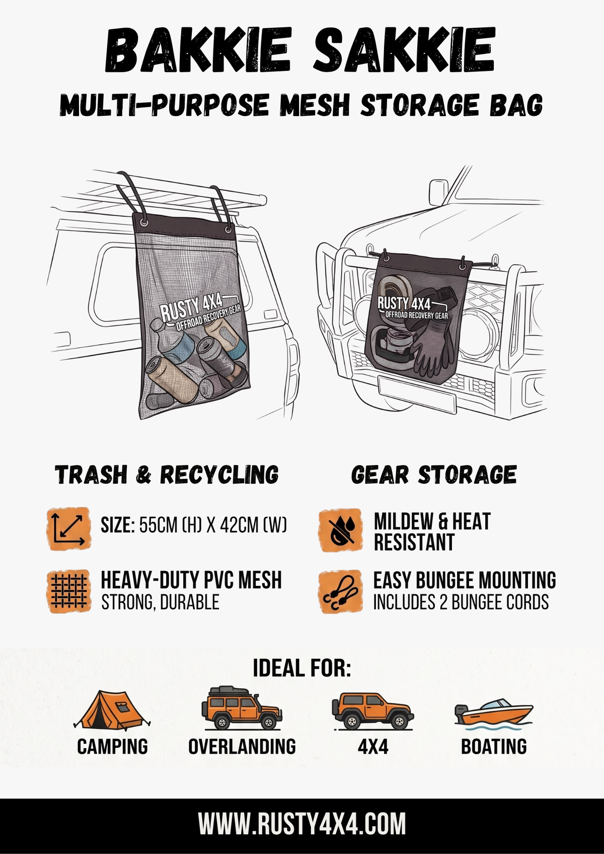 Multi-purpose mesh storage bag with bungee cords, black mesh, hanging loops.