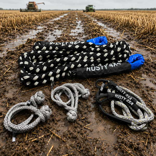 Braided rope kit with black-and-white cords, gray knots, and RUSTY4X straps