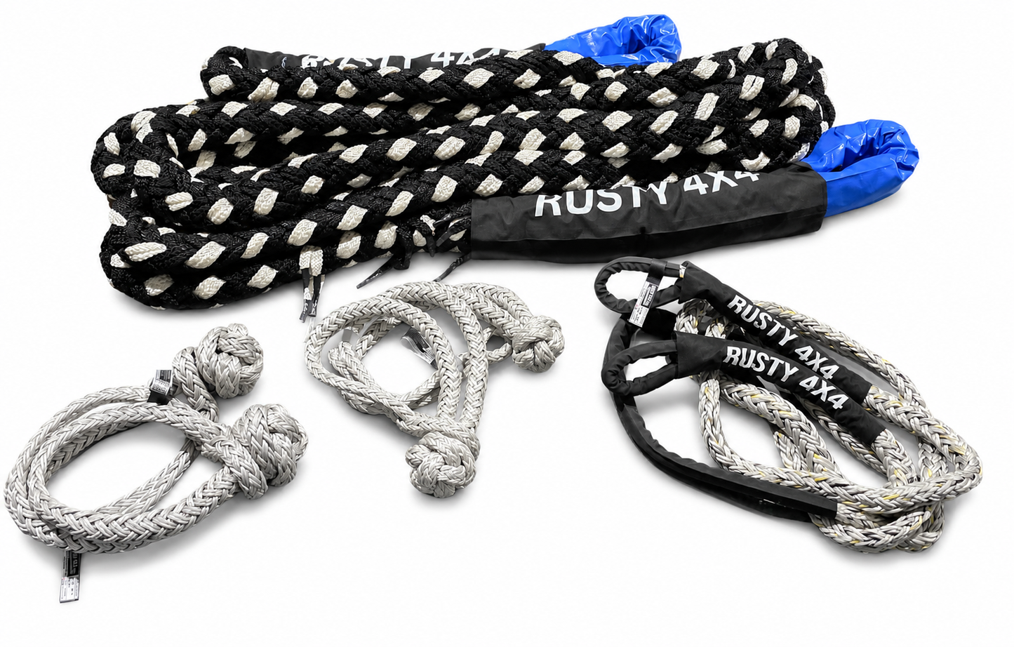 Braided black-and-white rope set with black RUSTY4X labels and blue ties