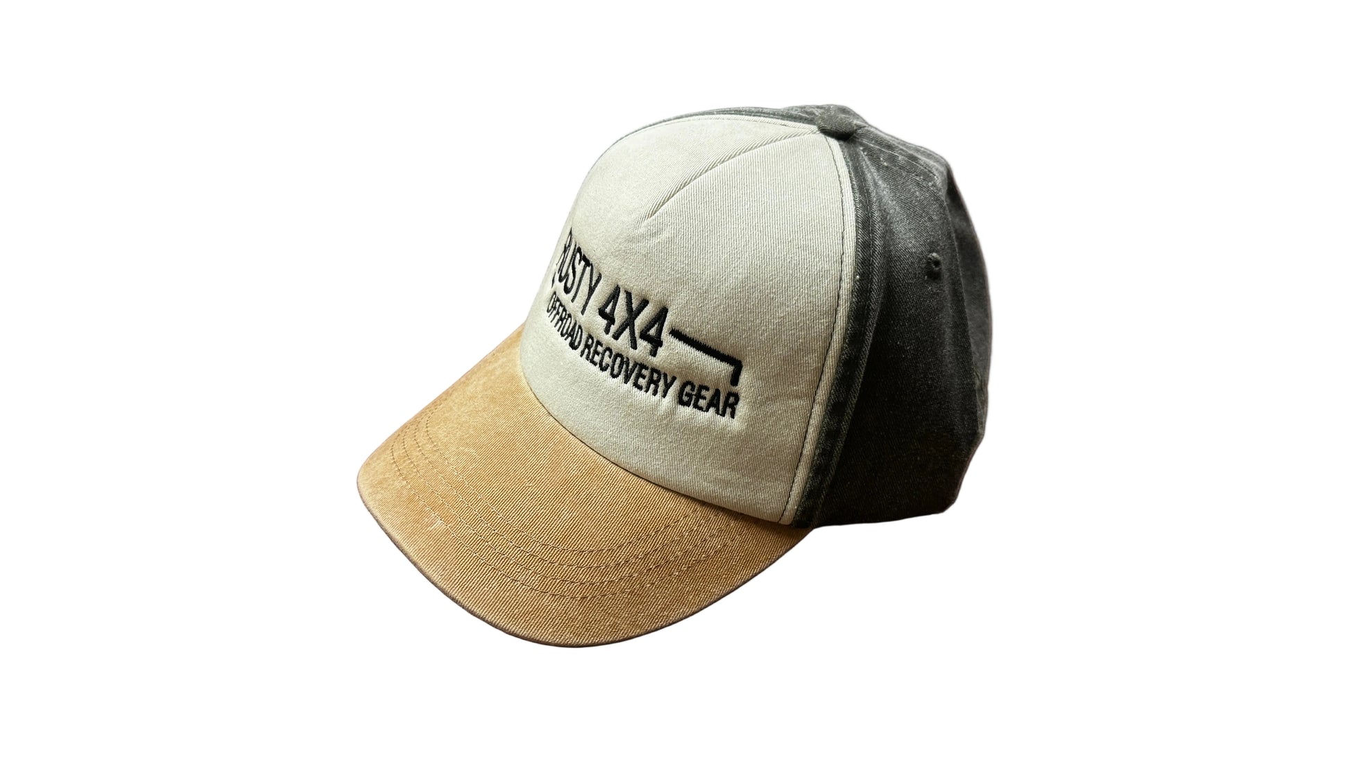 Two-tone baseball cap with tan brim and light olive front panel