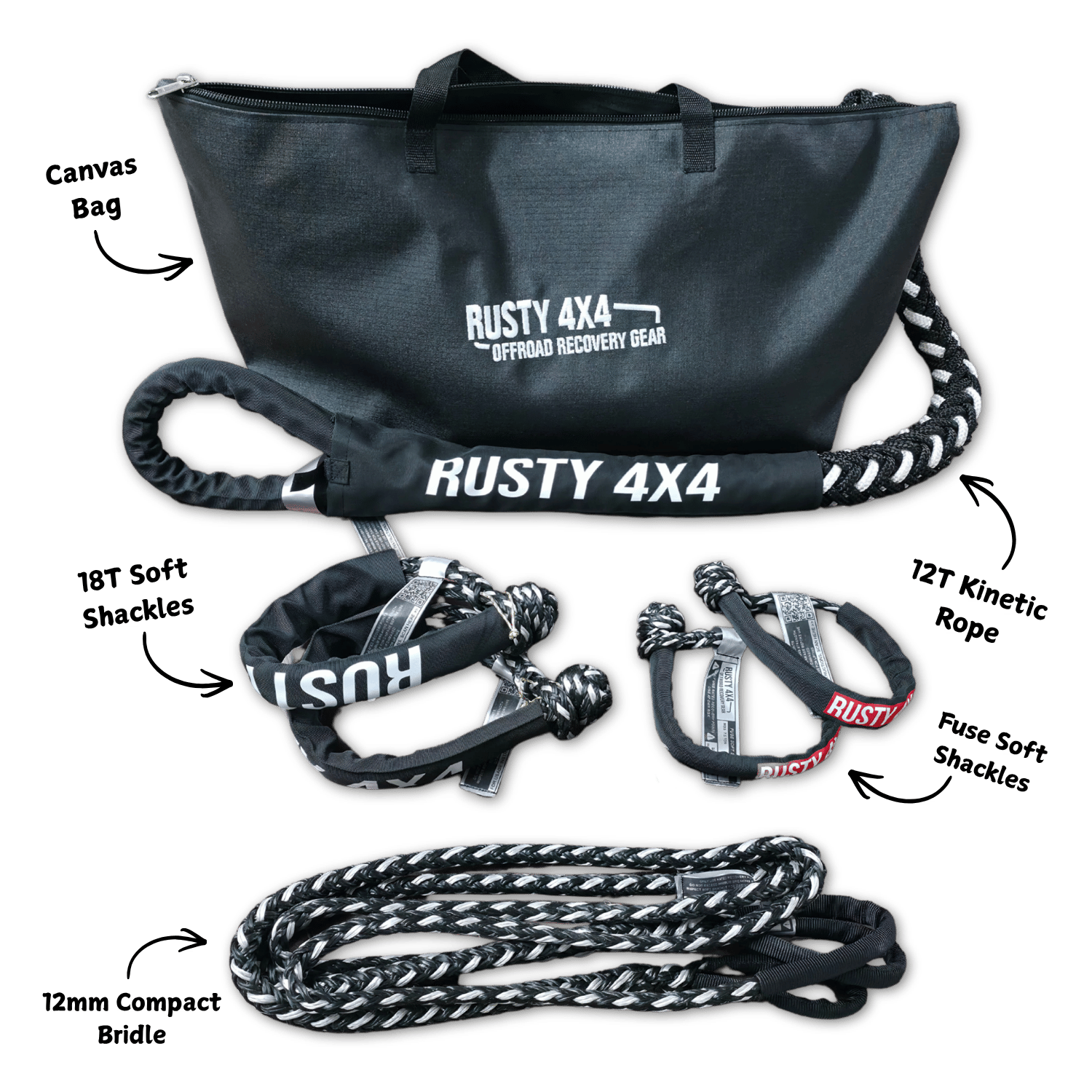 Off-road recovery kit with dark duffel bag, straps, shackles, and braided rope