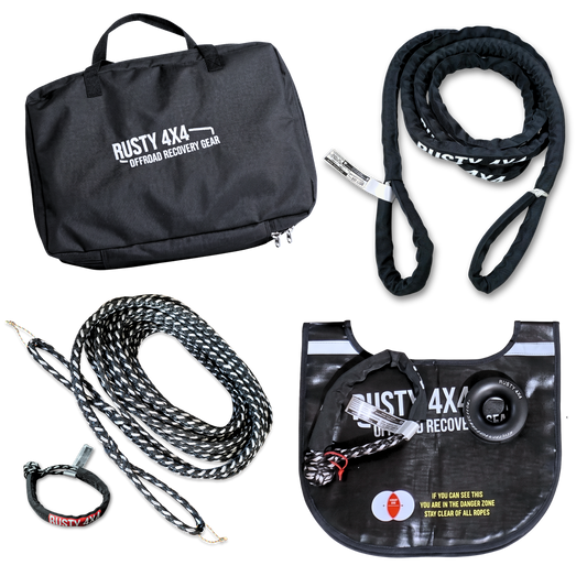 Synthetic winch recovery kit with braided rope, hooks, and storage carry bag