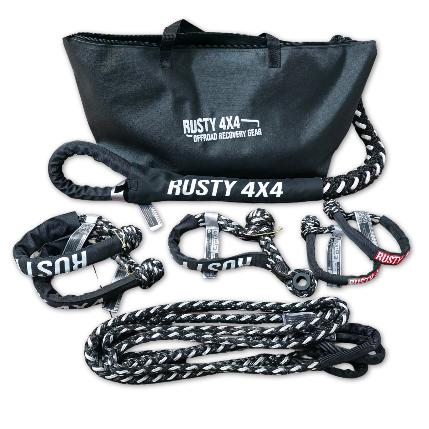 Large kinetic recovery kit tote bag with coiled tow rope, straps, and metal connectors