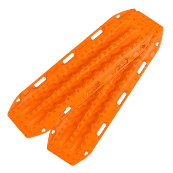 Orange recovery traction board, textured grip surface with oval holes and side cutouts