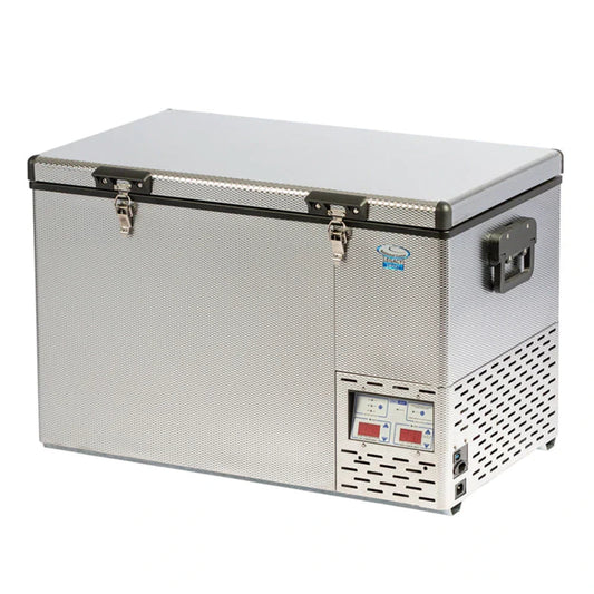 Dual-zone fridge/freezer with latches, control panel and side power port, silver/gray