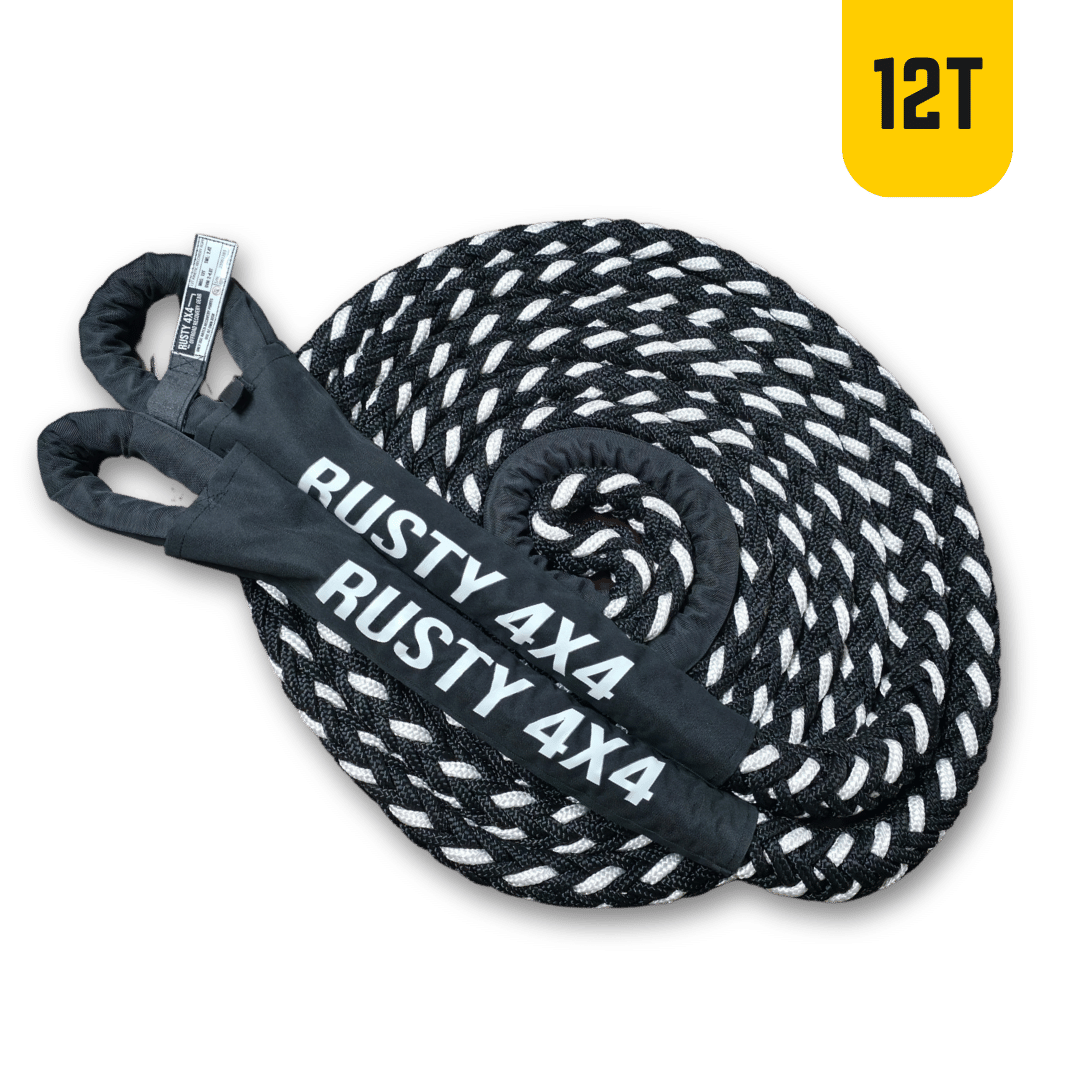Rusty 4x4 kinetic recovery rope with coiled braided line and 12T strap