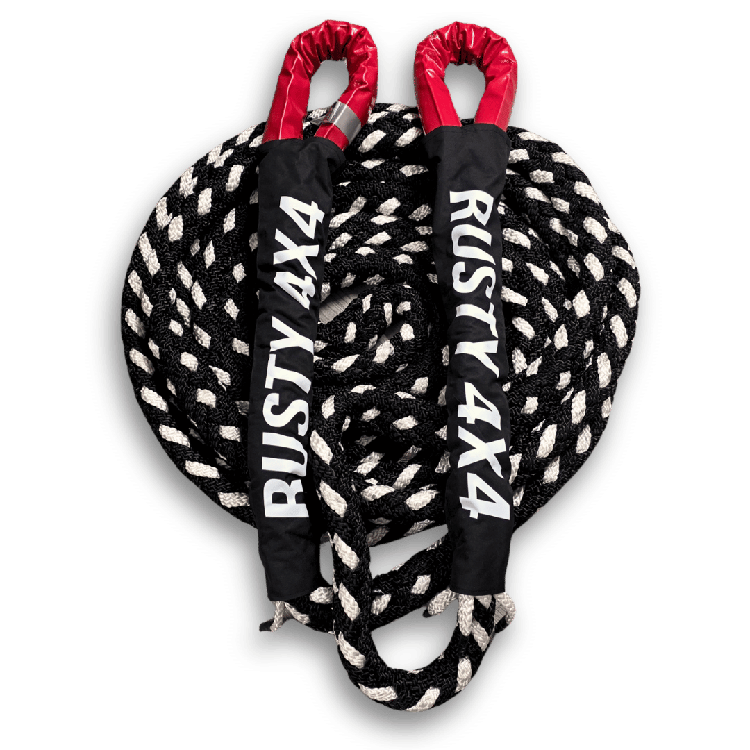 Black-and-white braided kinetic recovery rope with red loops