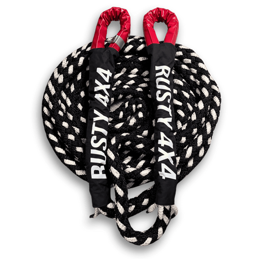 Black-and-white braided kinetic recovery rope with red loops