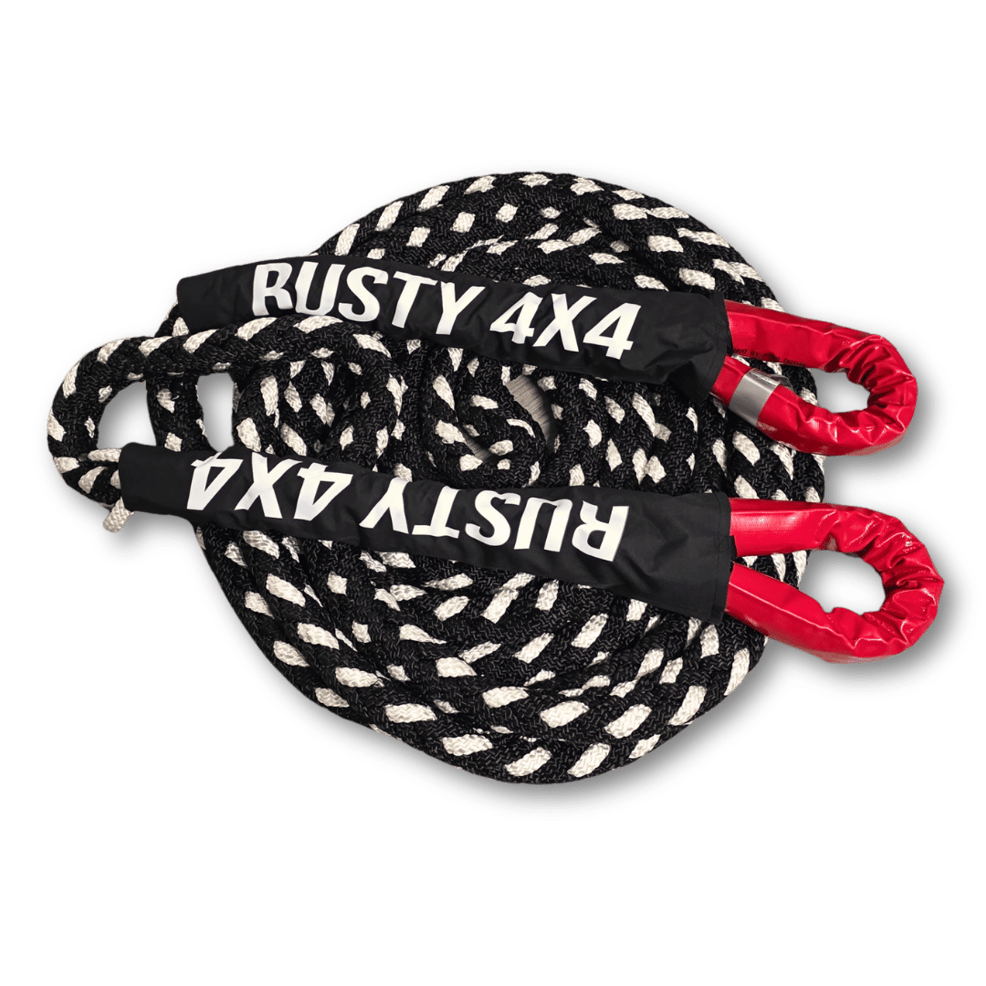 Braided kinetic recovery rope with red loops and 'RUSTY 4X4' center band