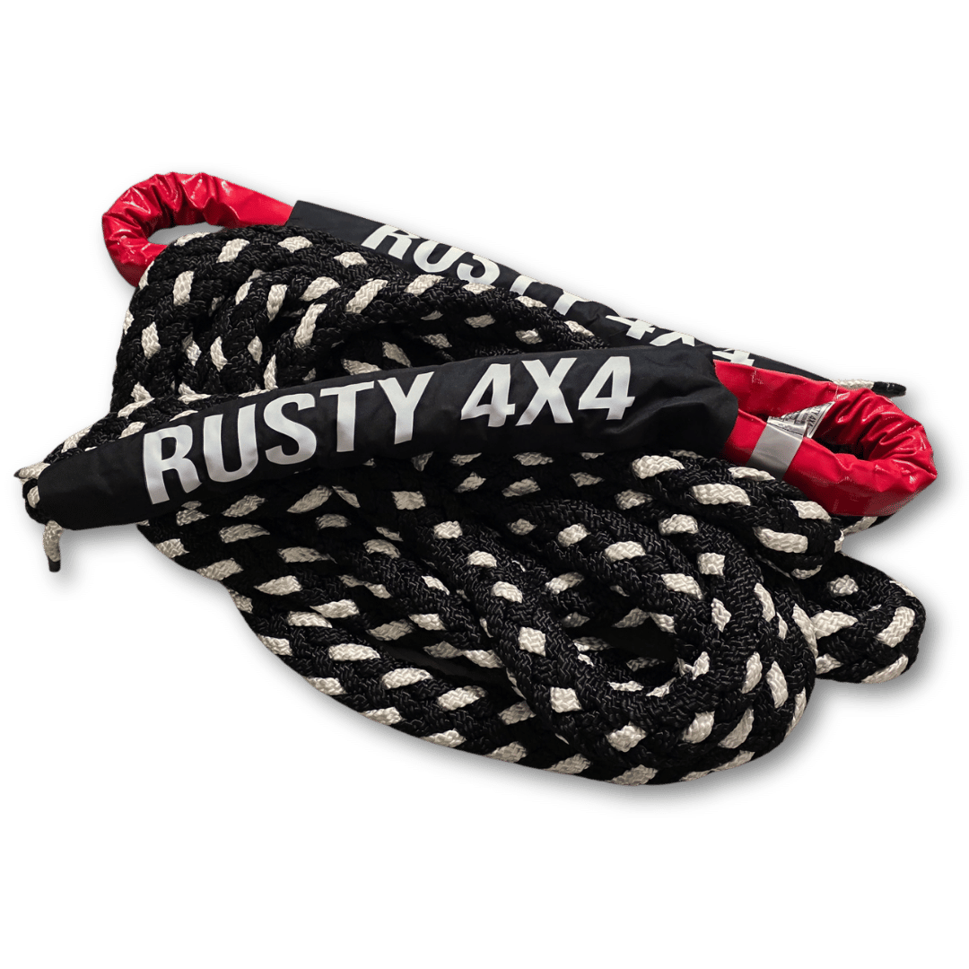 Braided kinetic recovery rope with red loops and 'RUSTY 4X4' label