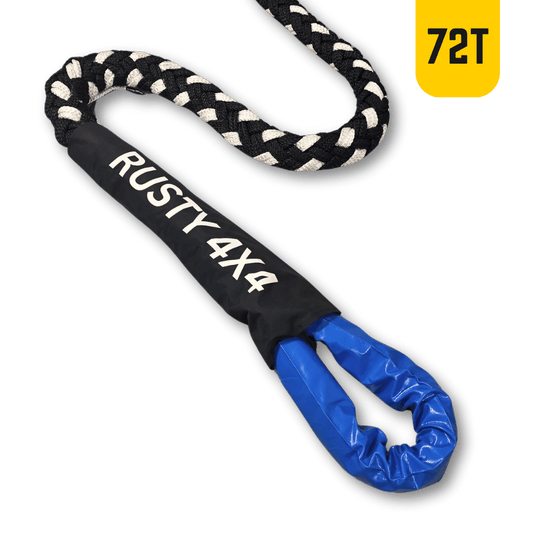Kinetic recovery rope with braided black and white rope and blue fabric sleeve