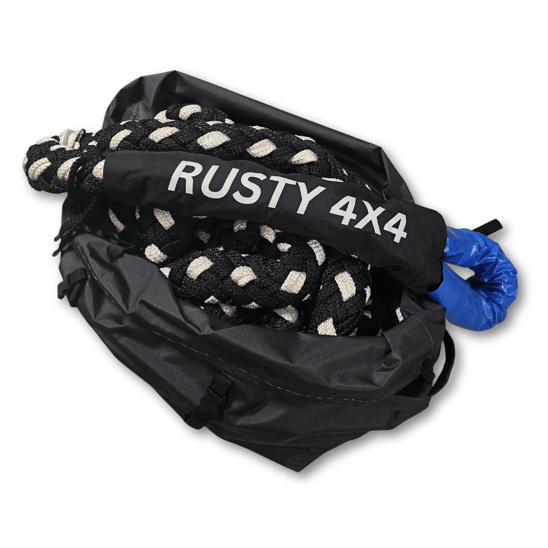 Kinetic recovery rope bundled in black carrying bag with blue rope end