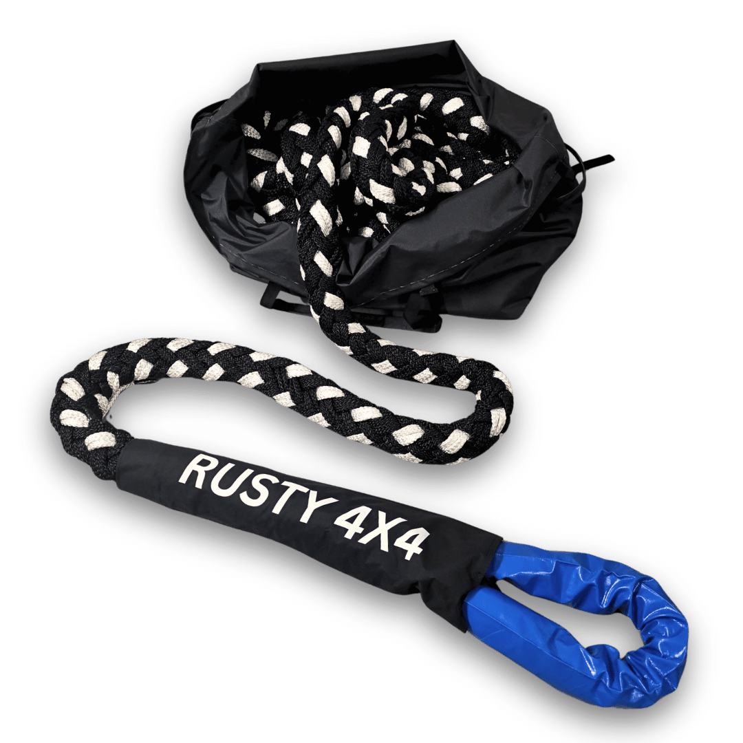 Kinetic recovery rope with braided black and white rope in black carrying bag