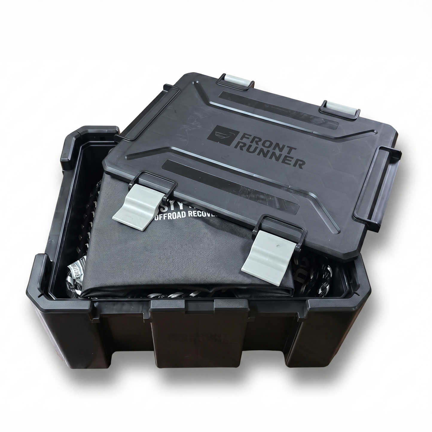 Black storage box with 'Front Runner' branding on a white background