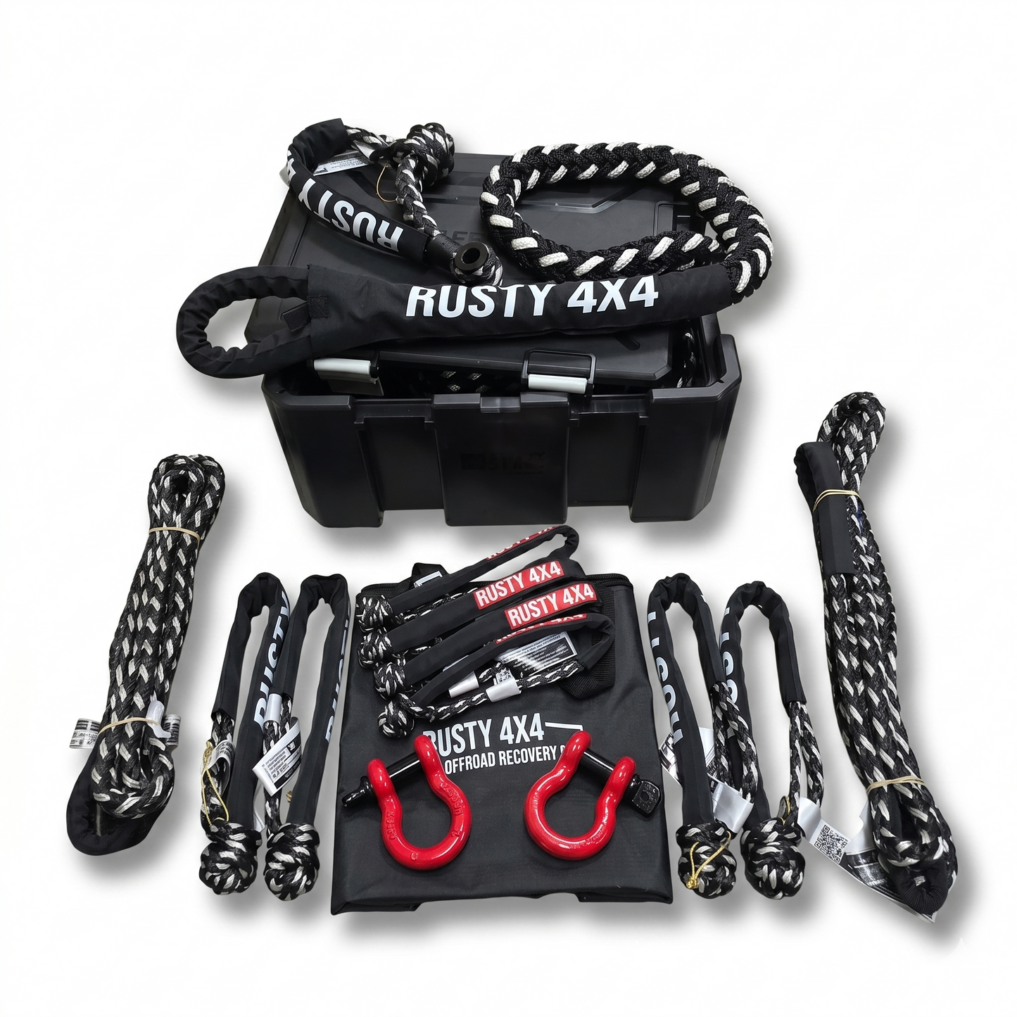 Rusty 4x4 off-road recovery equipment set with black toolbox, ropes, and hooks on a white background.
