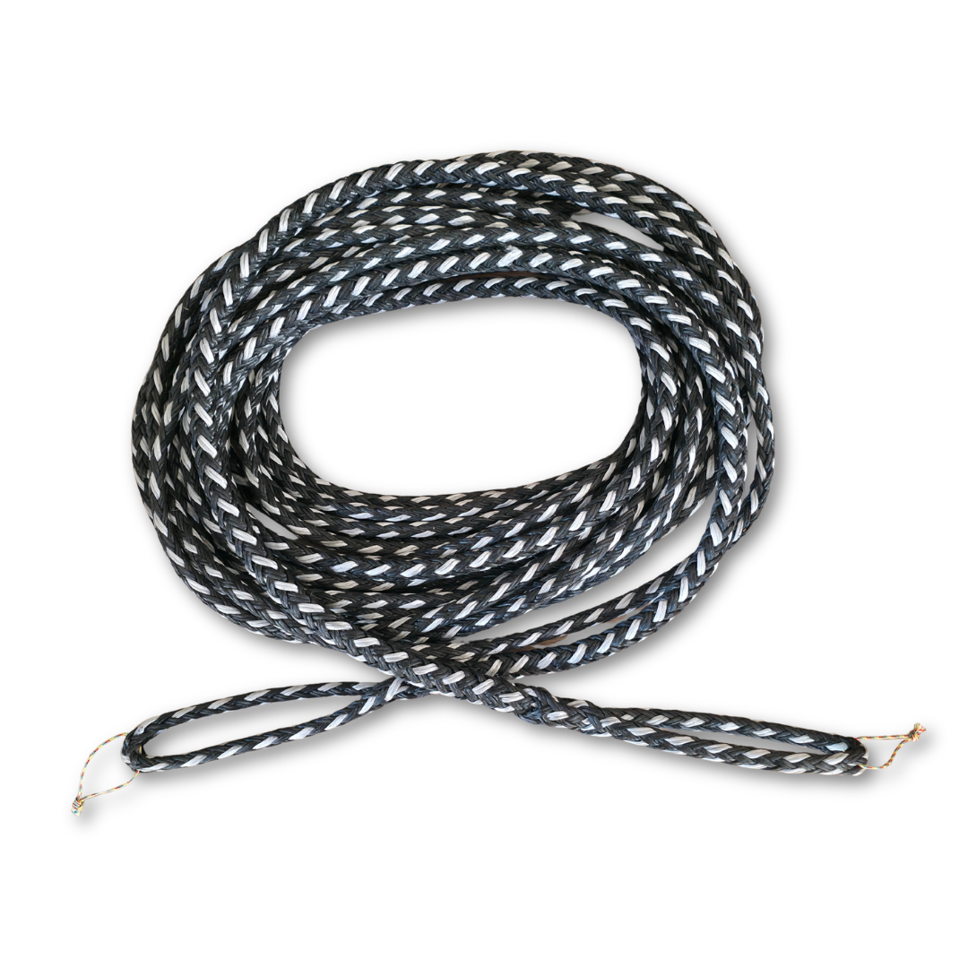 Coiled braided winch line extension cable with metal end fittings, dark silver and black