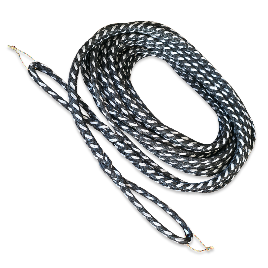 Braided winch line extension cable with metal end fitting, dark silver and black