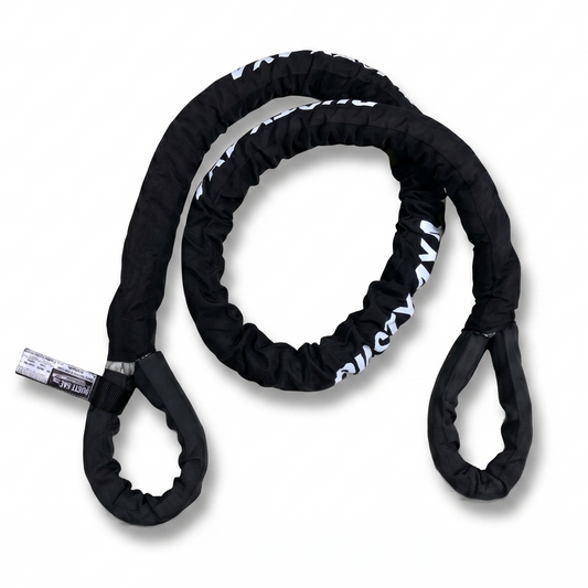 Black tree protector strap with looped rope and white lettering, two end loops