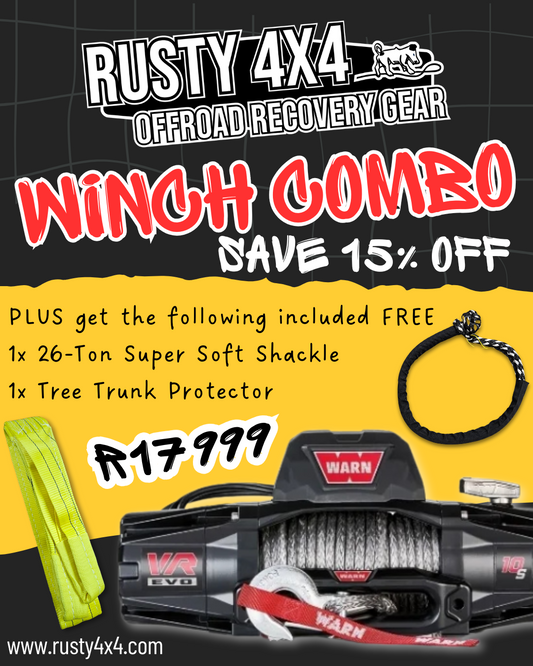 Rusty 4x4 WINCH COMBO (WARN VR EVO 10-S + FREE Tree Trunk Protector + Free 26-Ton Super Soft Shackle)