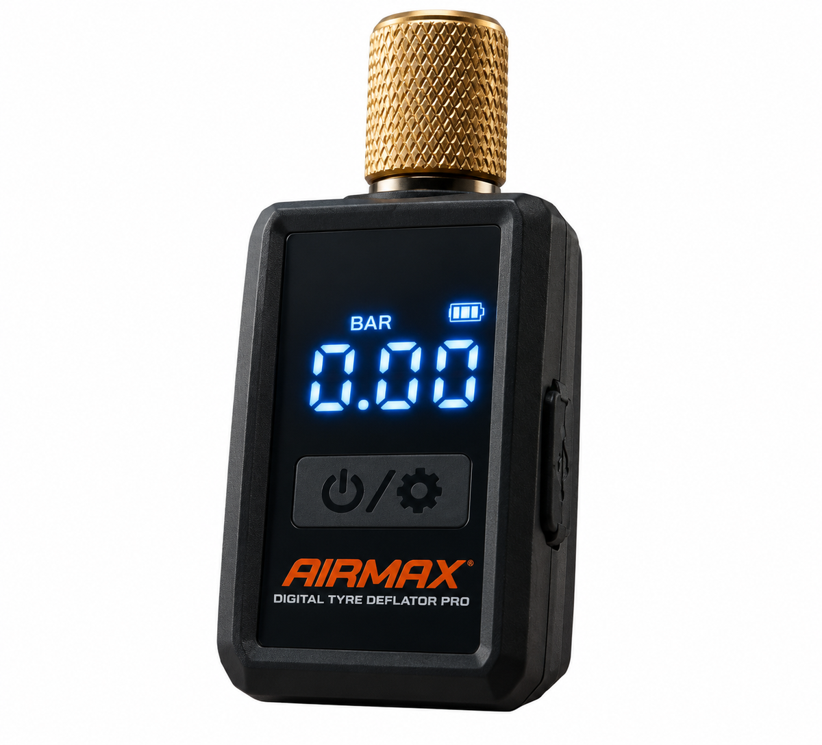 Digital tyre deflator with blue backlit screen showing 0.00 and gold mesh top