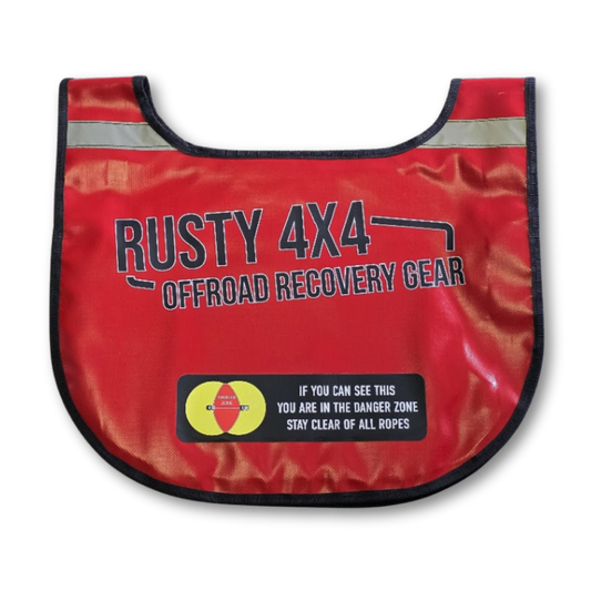 Red winch recovery dampener blanket with rounded bottom edge and printed graphic