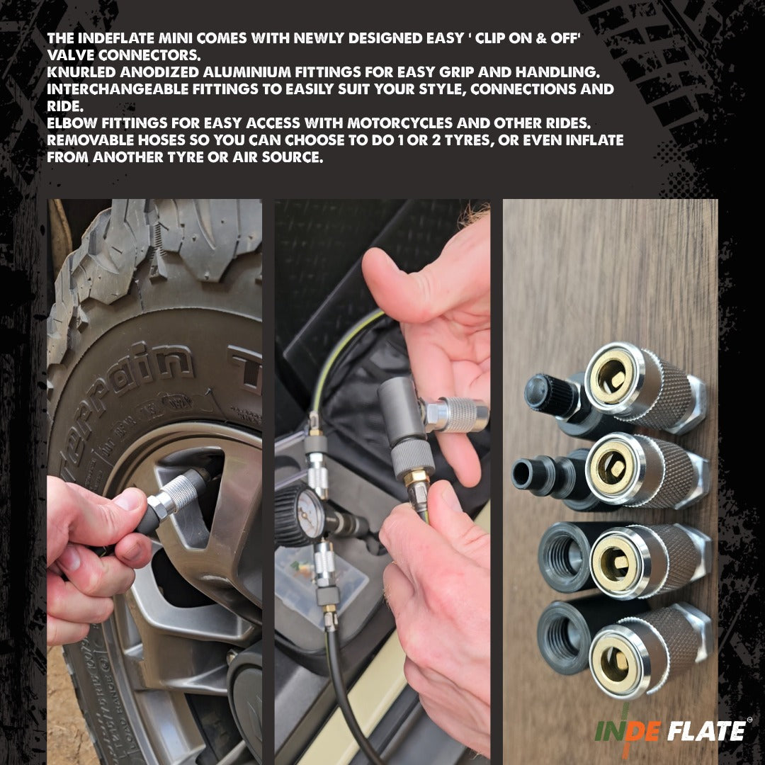 Promotional product collage for the INDEFLATE Mini inflation kit, showing hands using the quick-release valve connector on a tire, a pressure gauge setup, and a row of the metal fittings on a wooden surface.