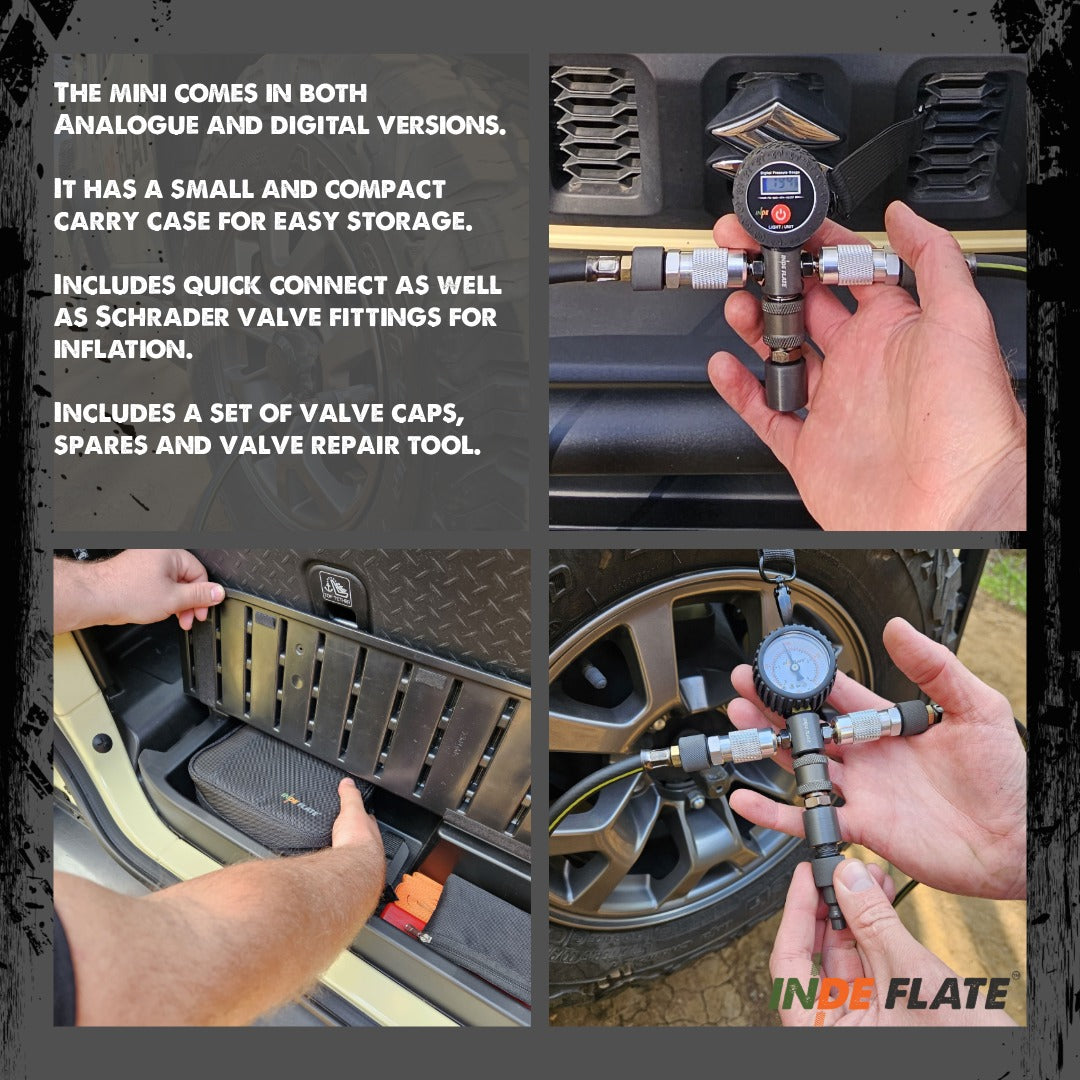A four-panel collage showing a compact car tire pressure gauge and hose being demonstrated inside a vehicle trunk and on a tire. The left panel includes descriptive text about the mini gauge and included accessories.