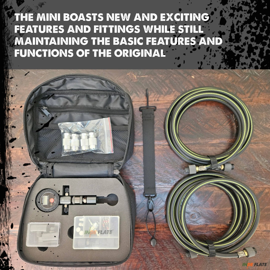An open black carrying case laid on a wooden surface, showing a compressed tool kit with a gauge, connector pieces, a strap, and two coiled black-and-green hose sections. A dark text banner across the top reads, 'THE MINI BOASTS NEW AND EXCITING FEATURES AND FITTINGS WHILE STILL MAINTAINING THE BASIC FEATURES AND FUNCTIONS OF THE ORIGINAL.